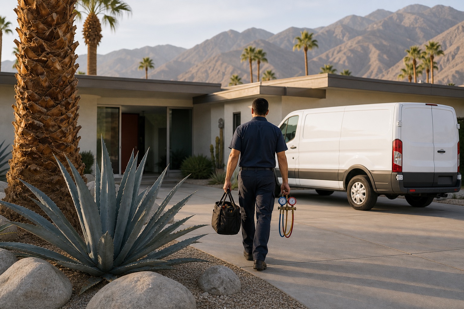 Certified HVAC technician servicing an outdoor AC condenser at a Coachella Valley home